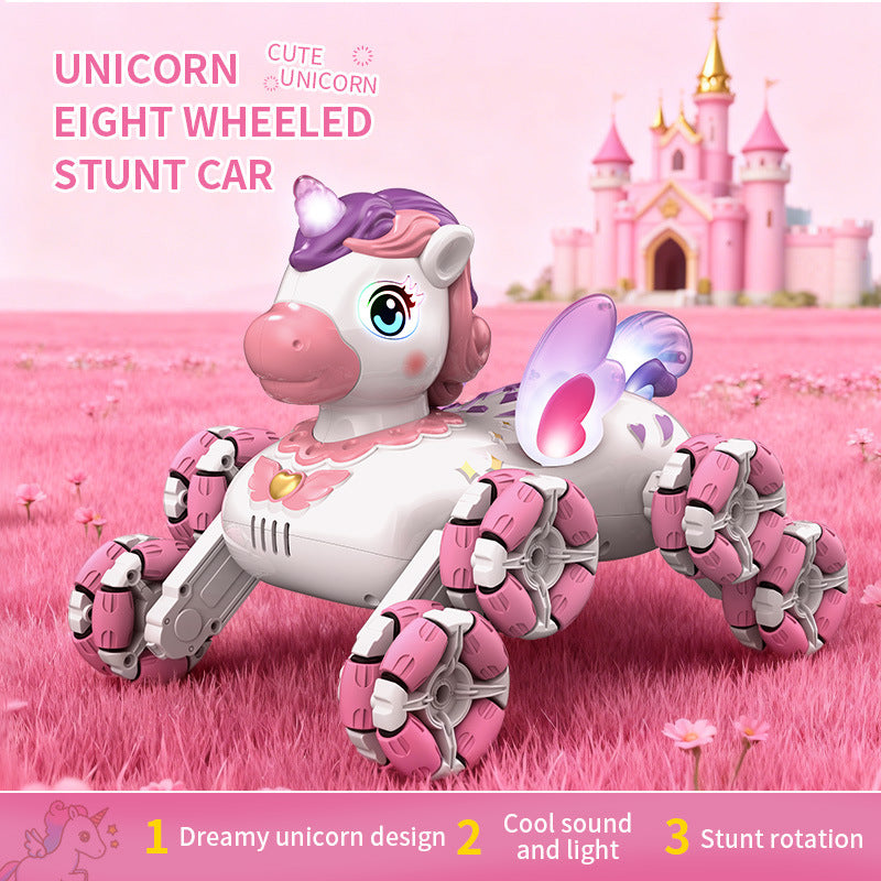 Amazon 2.4g unicorn remote control car - eight-wheel stunt, lights & music, 360° rotation, cute pink toy car