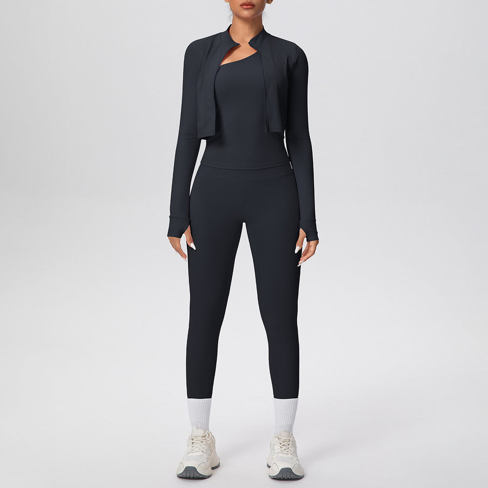 pure color brushed tight one-shoulder vest nine-point long three-piece sports running fitness yoga suit