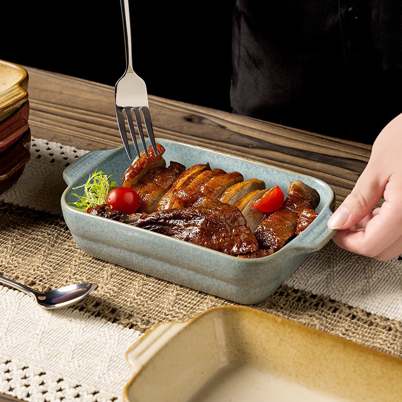 Creative kiln-turned double-ear ceramic baking dish baking tool cheese rice pizza plate pasta plate barbecue rectangular plate
