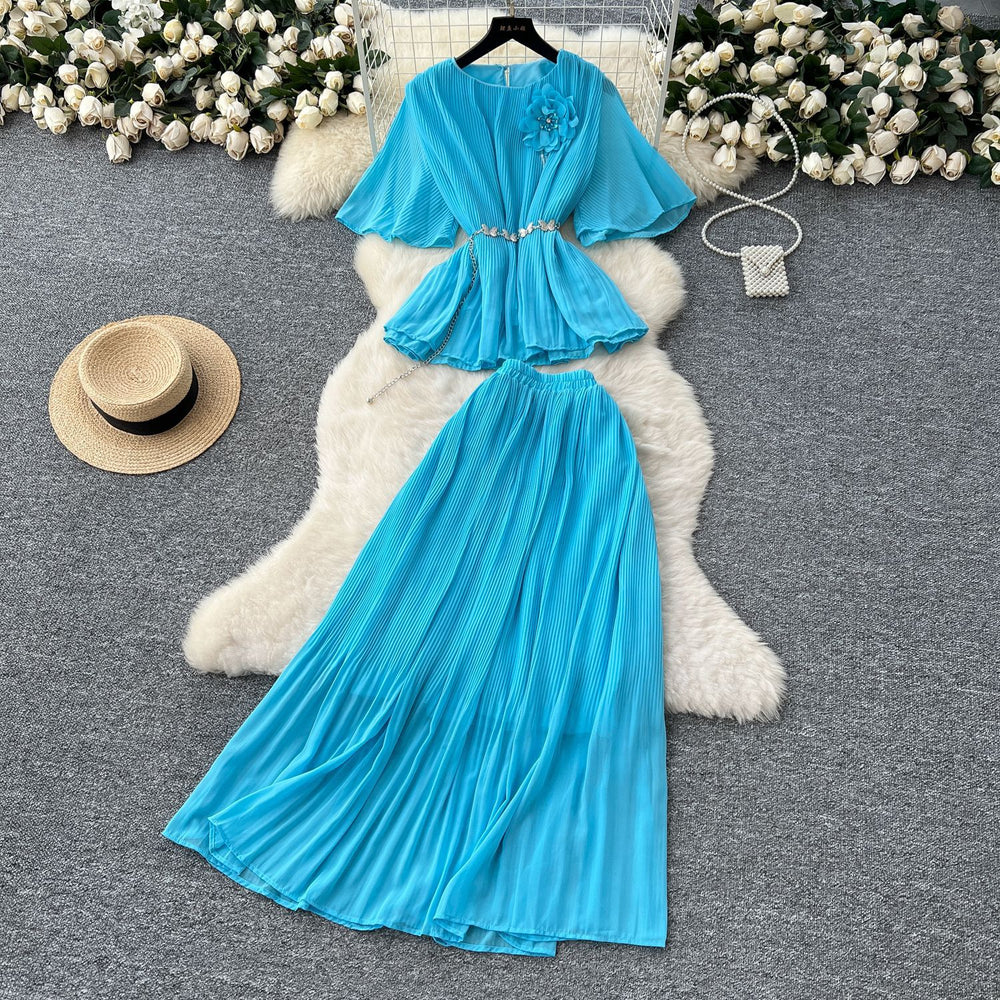 French style women's summer outfit: premium 3d floral tie-waist short-sleeve pleated top + high-waisted midi skirt