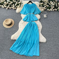 French style women's summer outfit: premium 3d floral tie-waist short-sleeve pleated top + high-waisted midi skirt