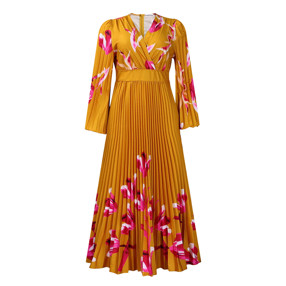 C8582 cross-border new arrival  women's v-neck long sleeve slim-fit printed pleated maxi dress - elegant export dress