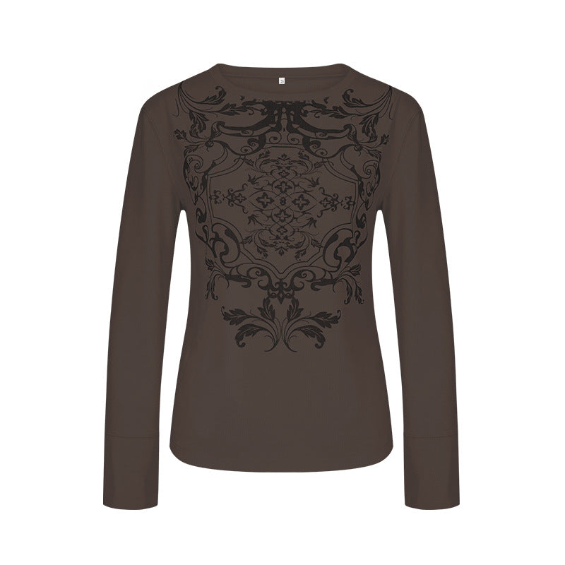 autumn new european and american fashion women's printed waffle knit crew neck pullover casual base layer top
