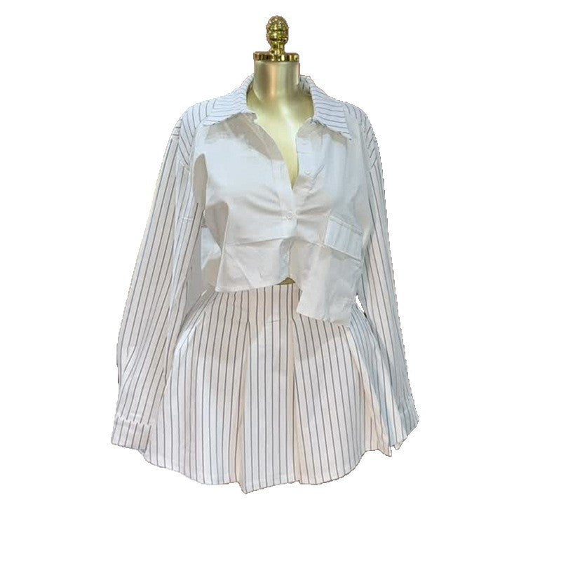 European and american cross-border women's fashion:  autumn new collection - stylish design patchwork striped shirt and a-line skirt set