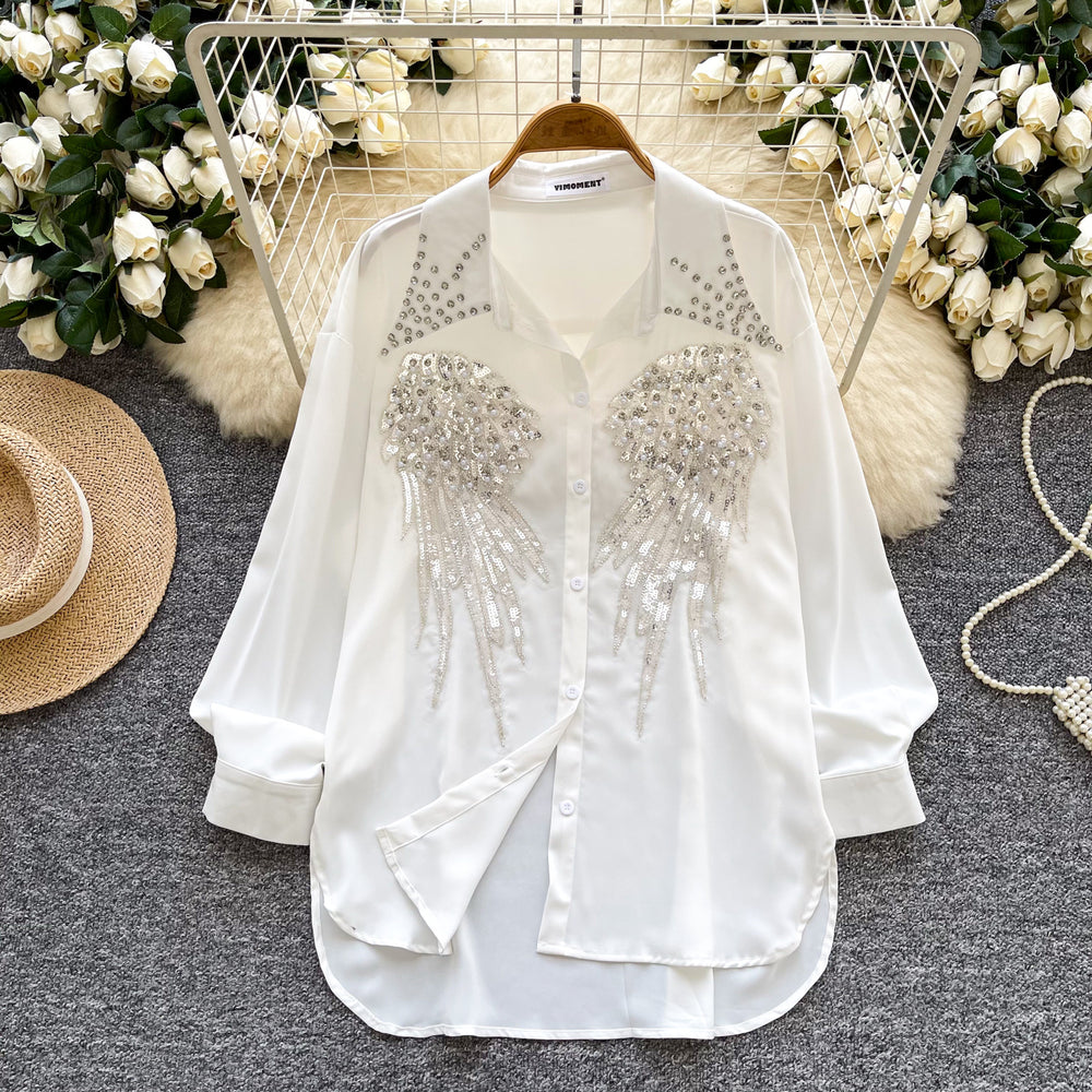 Classy heavy industry diamond-encrusted polo collar long sleevesshirt women's looseslimming lookcasualsequinembroider single-breasted tops