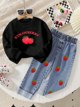 new autumn cross-border girls' cherry print top + embroidered denim washed maxi skirt two-piece set