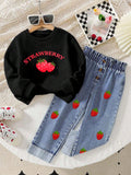 new autumn cross-border girls' cherry print top + embroidered denim washed maxi skirt two-piece set