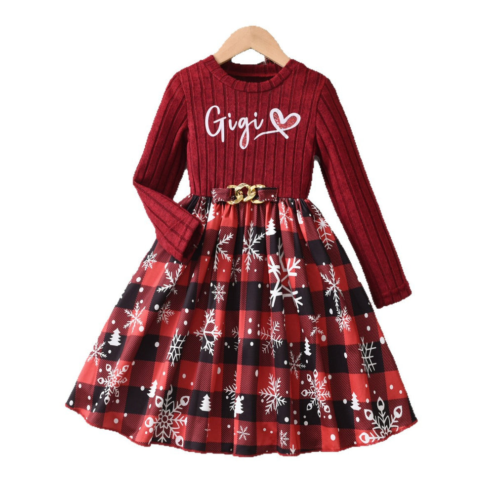 christmas girls' dress - red crew neck long sleeve letter print patchwork plaid skirt