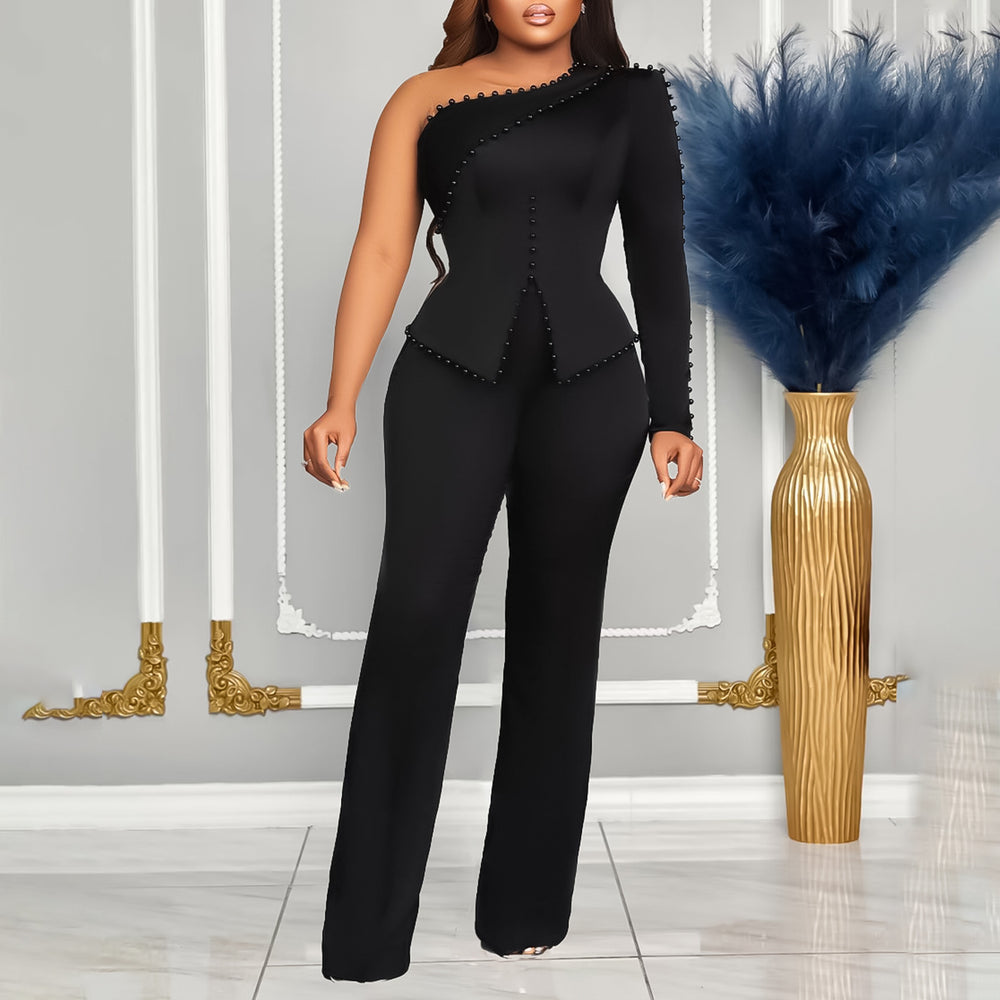 D463  foreign trade women's clothing  spring new style one-shoulder beaded ol two-piece set plus size european and american style outfit
