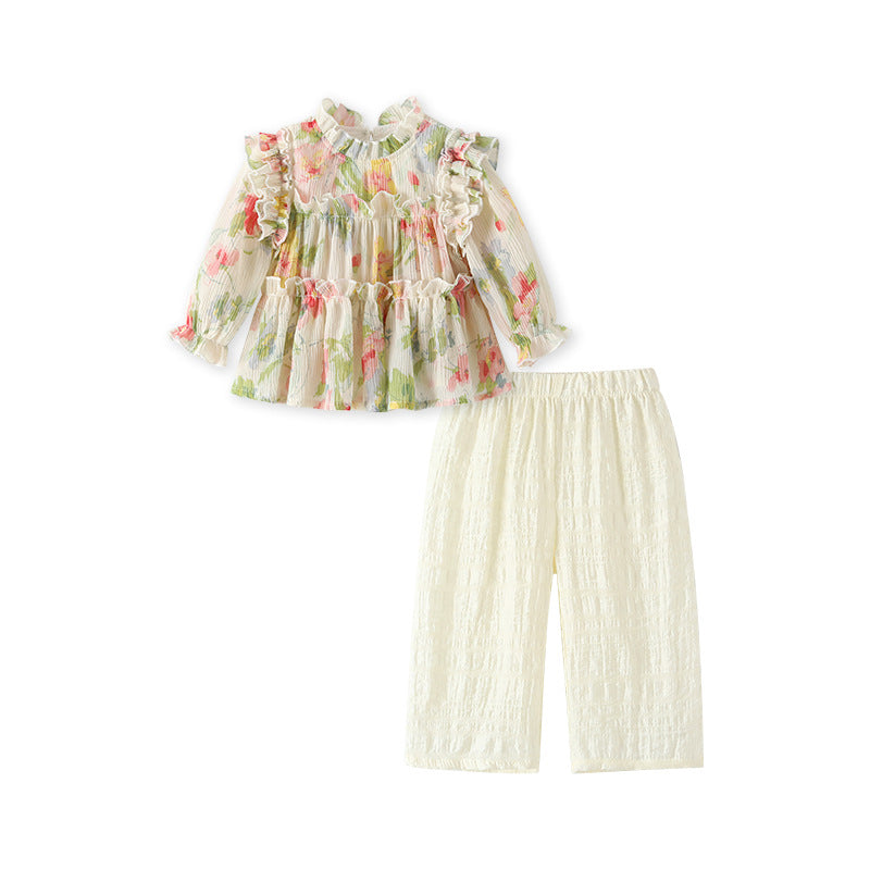 Girls' chiffon outfit set - autumn  collection: korean & japanese style floral print, long sleeve baby clothes wholesale
