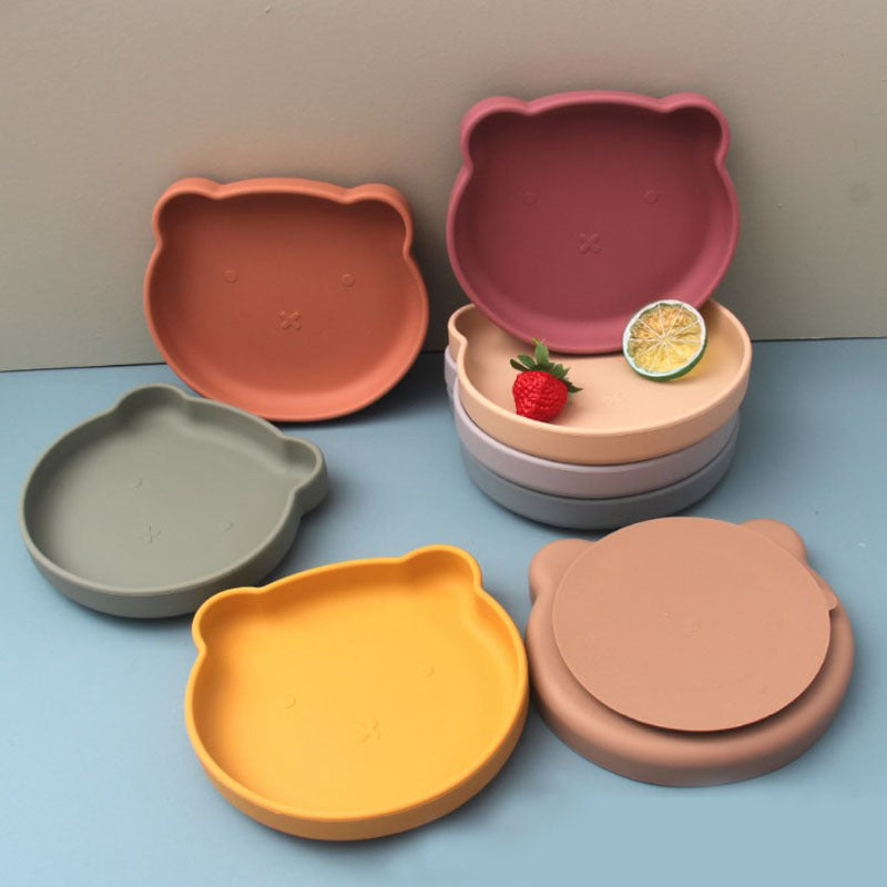 Wholesale baby and maternity products, divided children's training tableware set, baby food supplement bear plate, baby silicone dinner plate