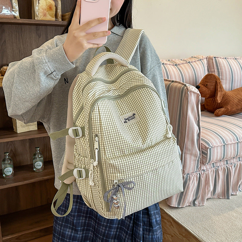 Fresh plaid backpack for women, college & middle school students - lightweight, minimalist, large capacity, korean style, girls' shoulder bag