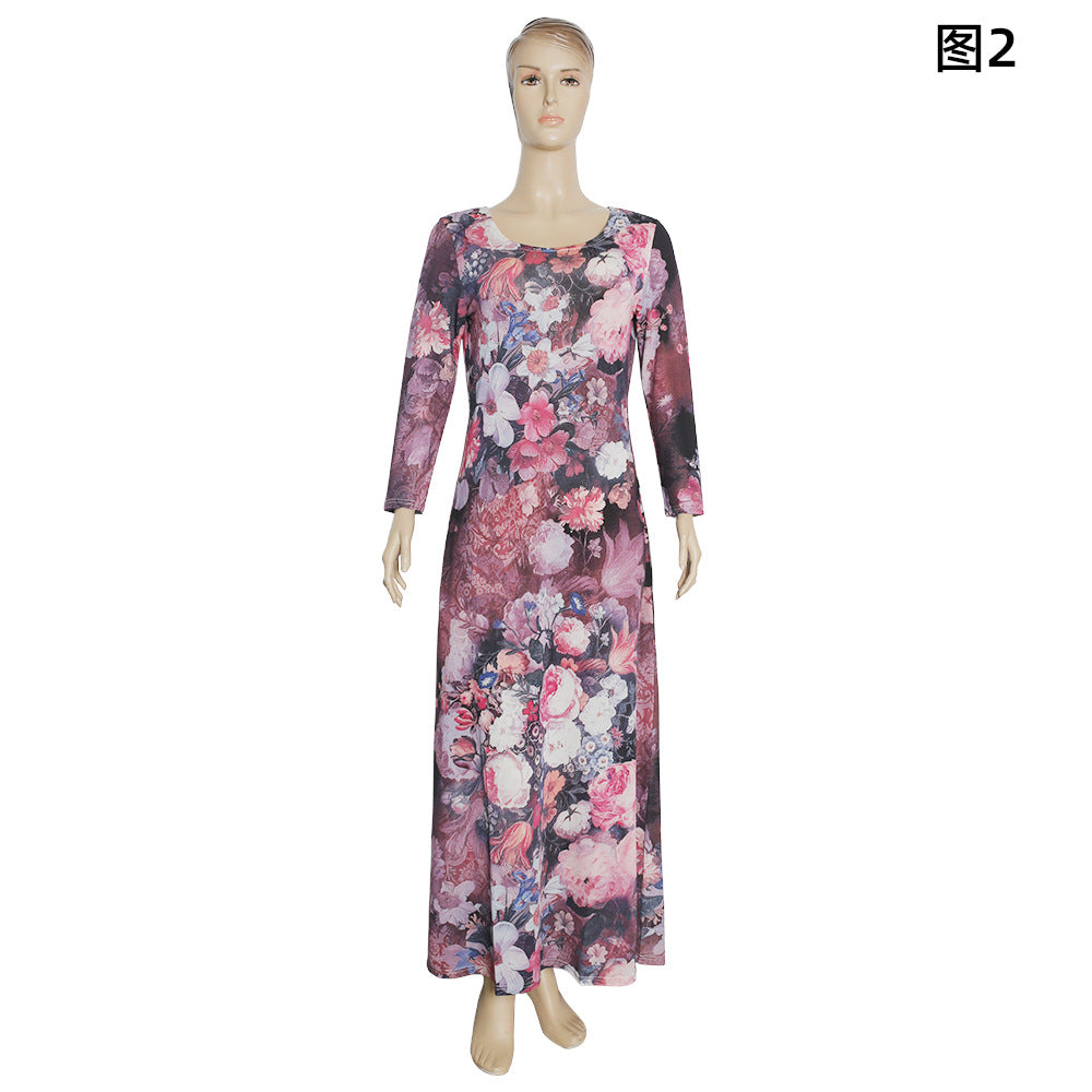 african plus size women's clothing:  &  printed round neck slimming a-line dress