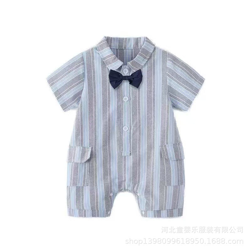 Baby clothes summer striped short-sleeve romper boy korean style gentleman outfit baby 100-day celebration first birthday crawling suit