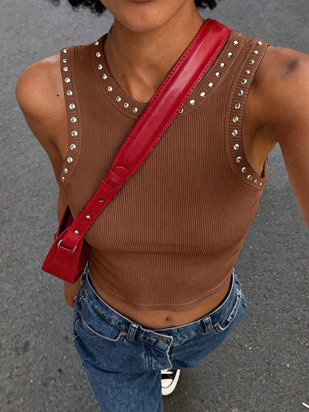 S391586 european and american street style brown ribbed studded tank top - hot girl slim fit sleeveless top - cross-border supply