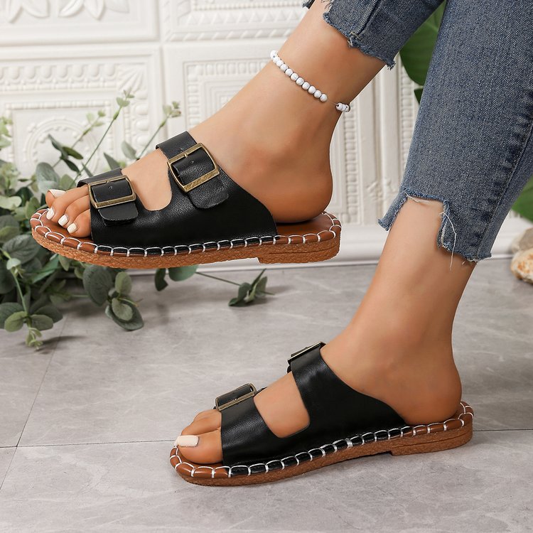 slippers for women, new spring/summer  styles, round toe, soft sole, double buckle, single-strap, outdoor beach sandals