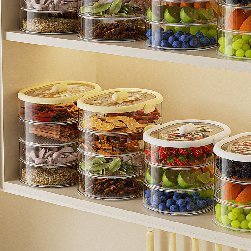 Multi-layered, stackable spice and dry ingredient storage container for home kitchens. keeps contents fresh, airtight, moisture-proof, insect-proof, and prevents flavor mingling. features a portable design