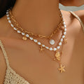 European and american cross-border summer seaside starfish and conch necklace for women multi-layered design sense vacation imitation pearl clavicle chain