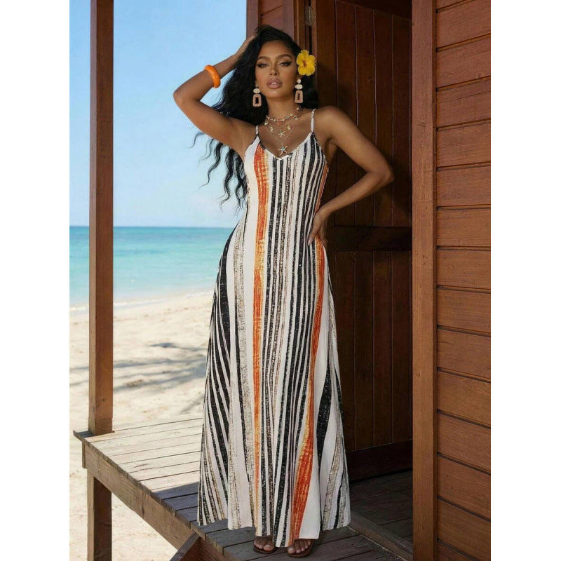 Amazon european and american bohemian style backless loose dress women's  summer new simple skirt