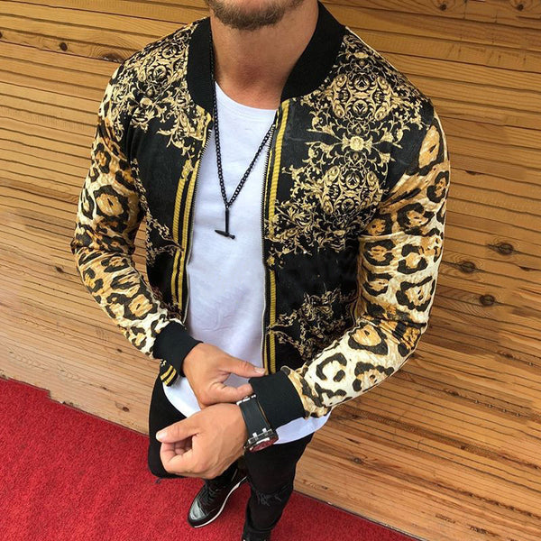 's new 2024  European and American autumn men's slim-fitting leopard print crew neck casual jacket