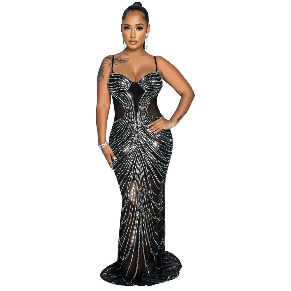 C6820 cross-border   fashion women's solid color mesh rhinestone embellished camisole maxi dress