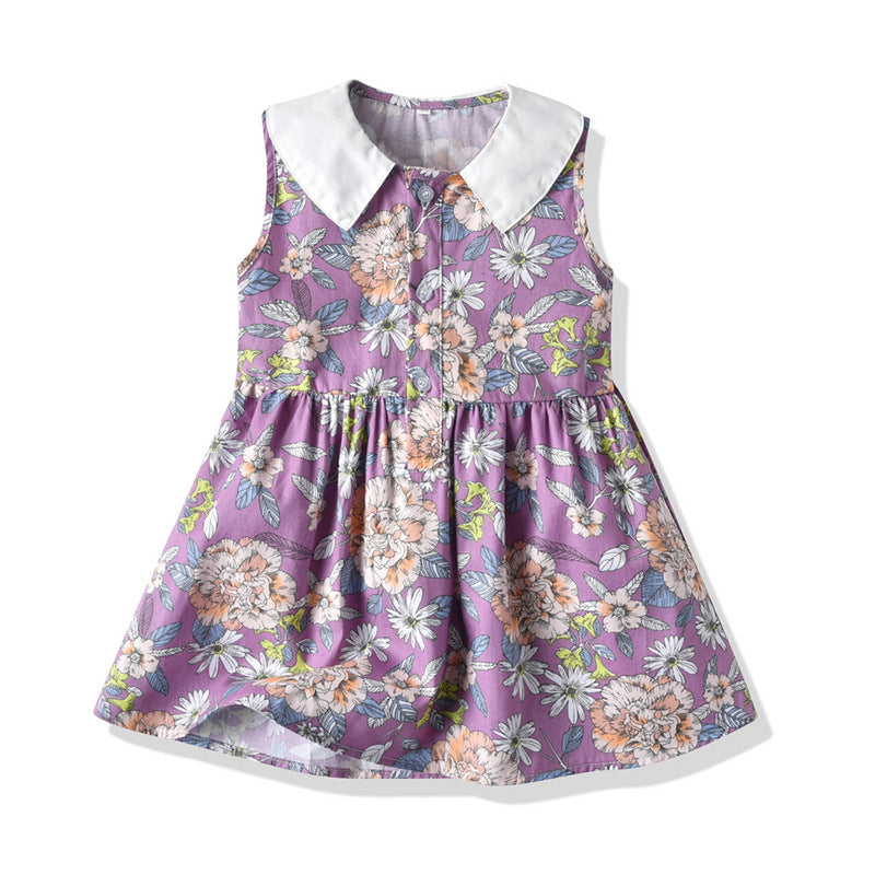 Wholesale foreign trade spring/summer new arrivals: printed floral european and american style girls' dresses, baby turn-down collar sleeveless princess dresses