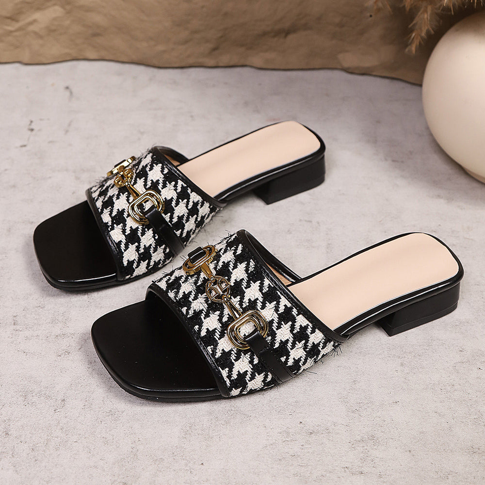 Metal chain low heel sandals - amazon 2026 summer cross-border square toe plaid beach thong sandals for women