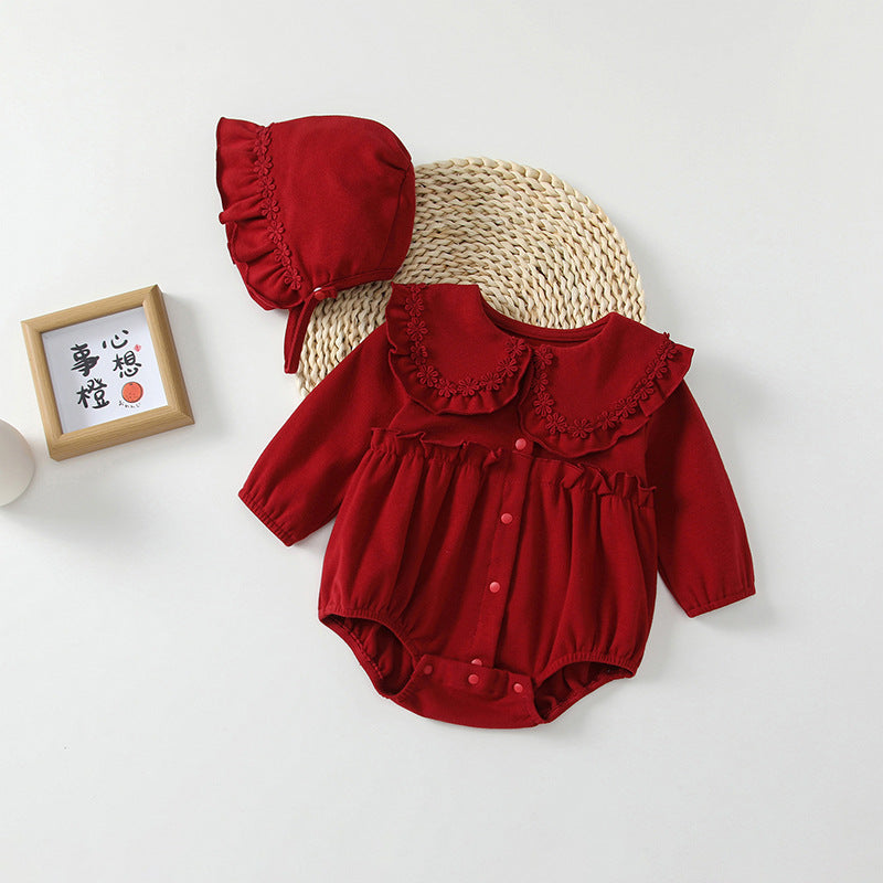 Spring autum baby girl full moon 100 days red festive princess romper autum baby doll collar cute jumpsuit