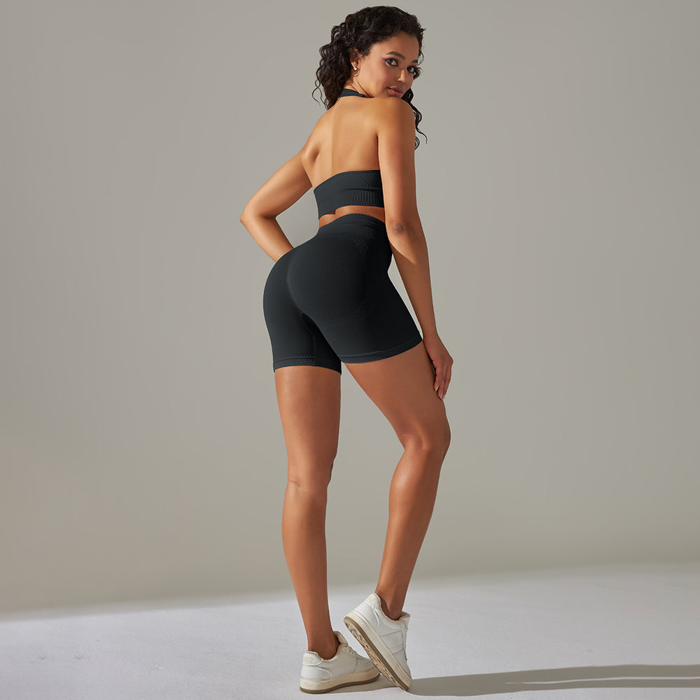 fashion seamless knitting beautiful back high elastic sports bra yoga suit running fitness shorts two-piece set for women