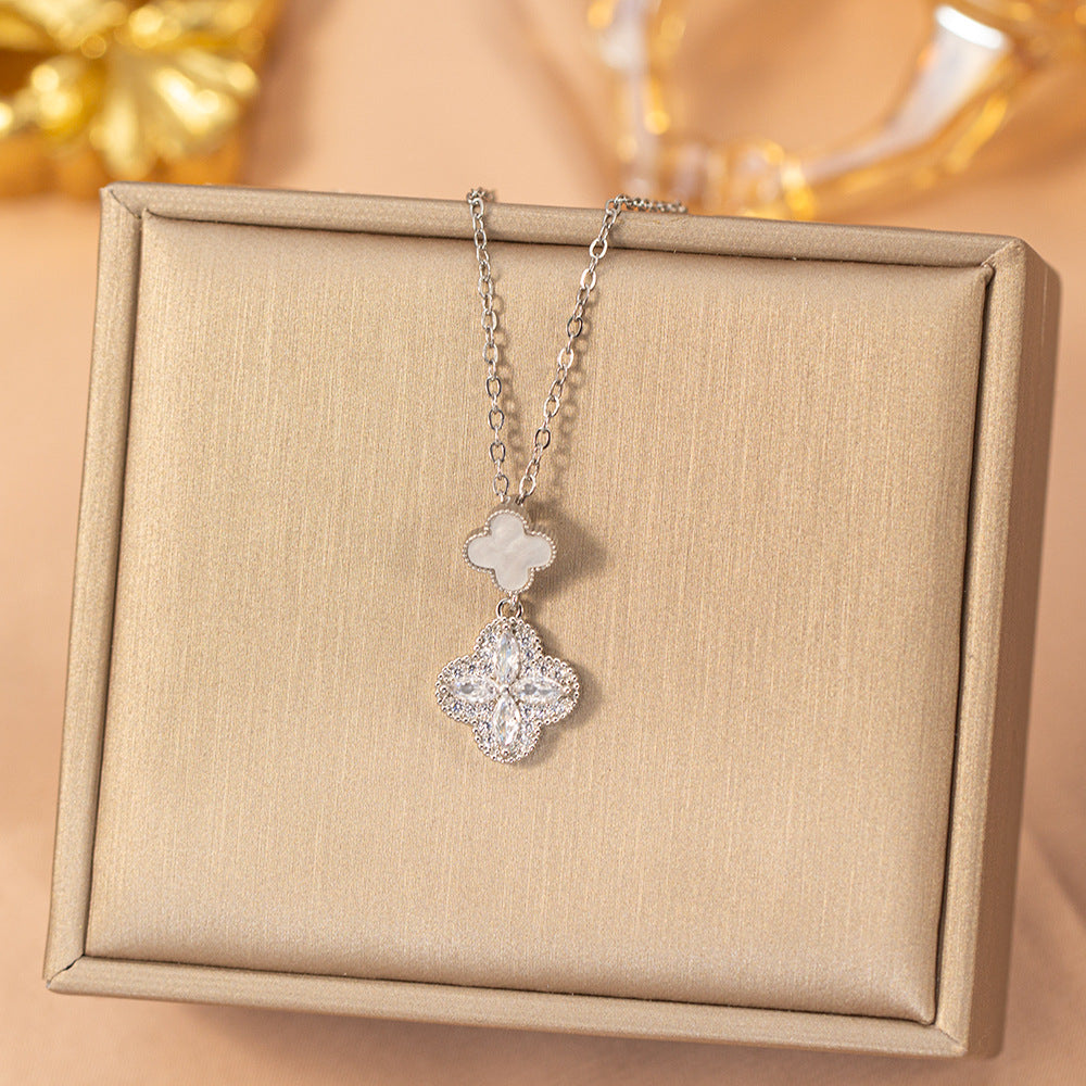 【titanium steel】trendy & chic copper inlaid zircon four-leaf clover necklace - women's high-end, lightweight luxury, tarnish-resistant choker jewelry