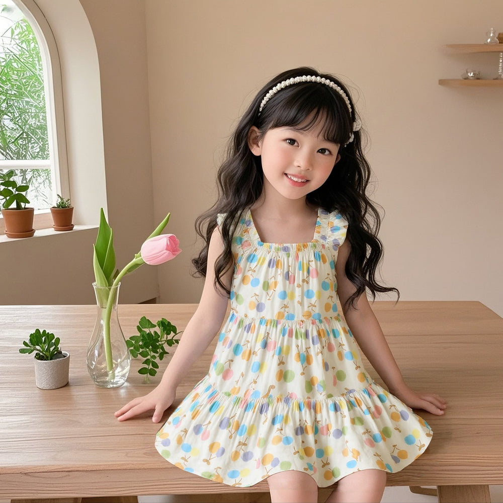 Kids suspender lacedress cake skirt summer thin cotton silk skirt little girl flying sleeve style floral skirt