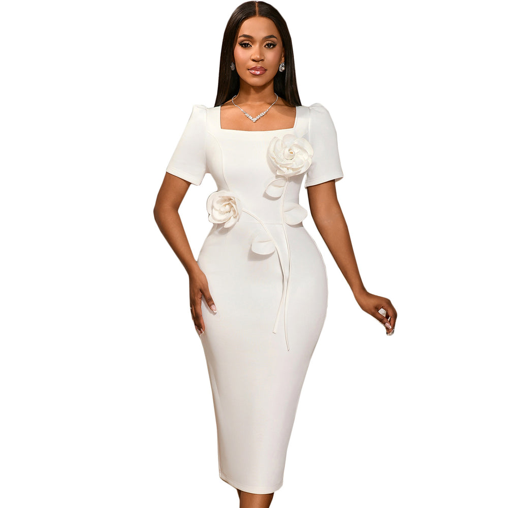 European and american new arrival: elegant square neck ruffle hem dress - perfect for banquets, featuring a floral high-waisted bodycon design