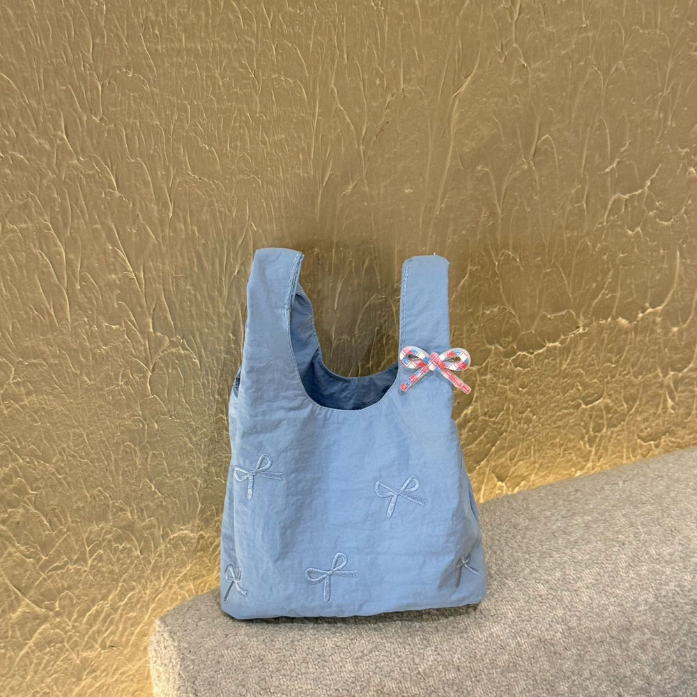 Mint green bow embroidered handbag - girly, portable mini tote bag for everyday commuting, cute storage pouch, exquisite design