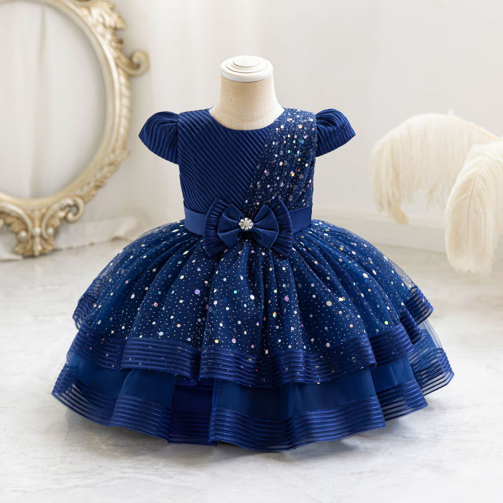 Ready-to-ship wholesale sequin bow princess dresses for girls, perfect for baby's first birthday or special occasions