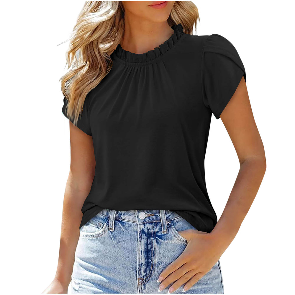 cross-border women's solid color button-down crew neck short sleeve ruched top
