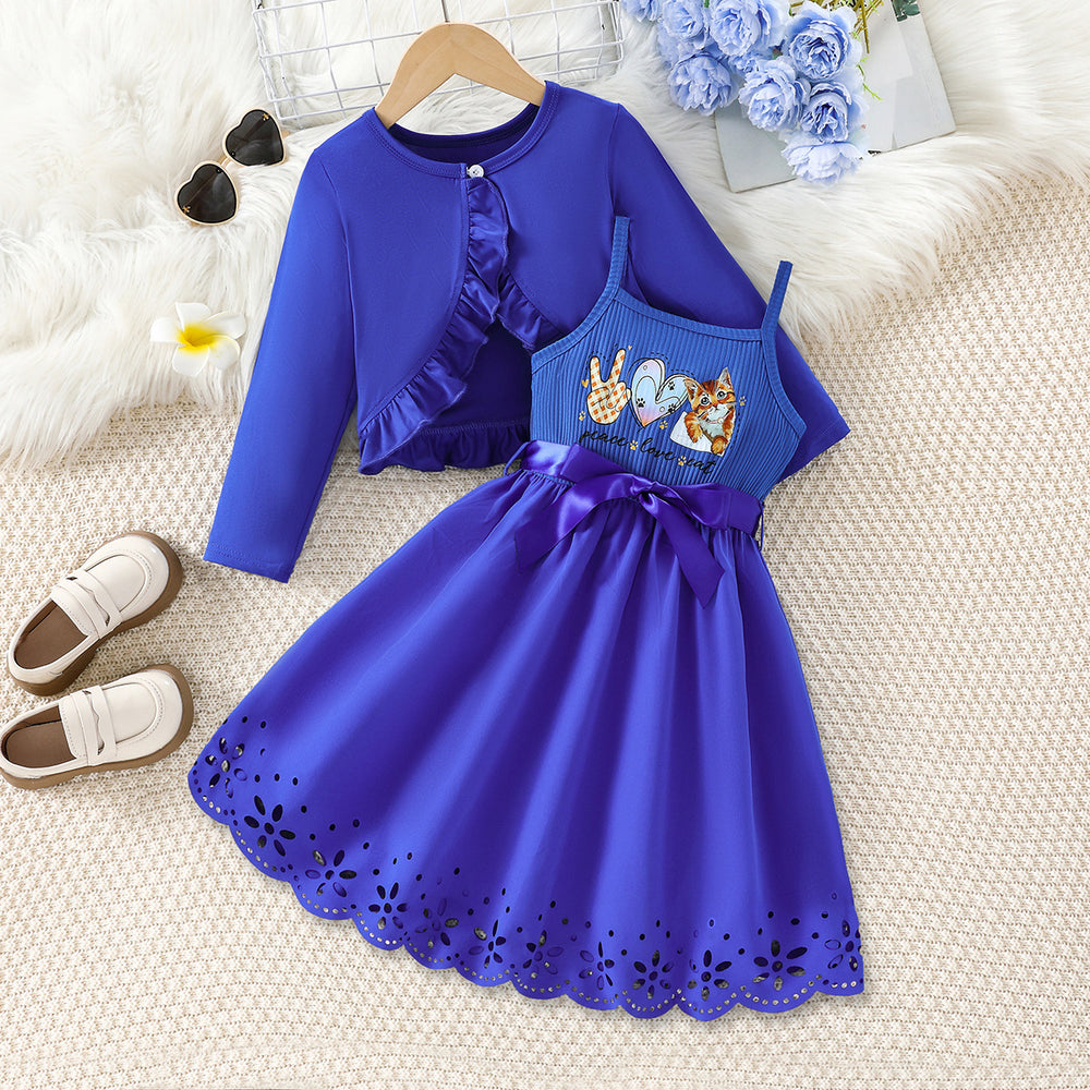 Girls' dress set: blue long-sleeve knit cardigan with ruffle trim and animal print sundress - two-piece outfit