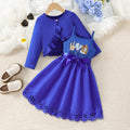 Girls' dress set: blue long-sleeve knit cardigan with ruffle trim and animal print sundress - two-piece outfit