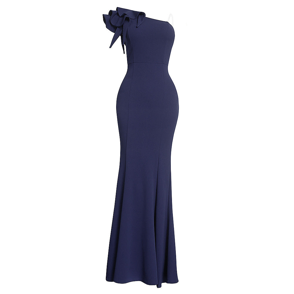 e-commerce solid color asymmetrical bust-enhancing dress, european and american/african women's sexy cocktail party evening gown