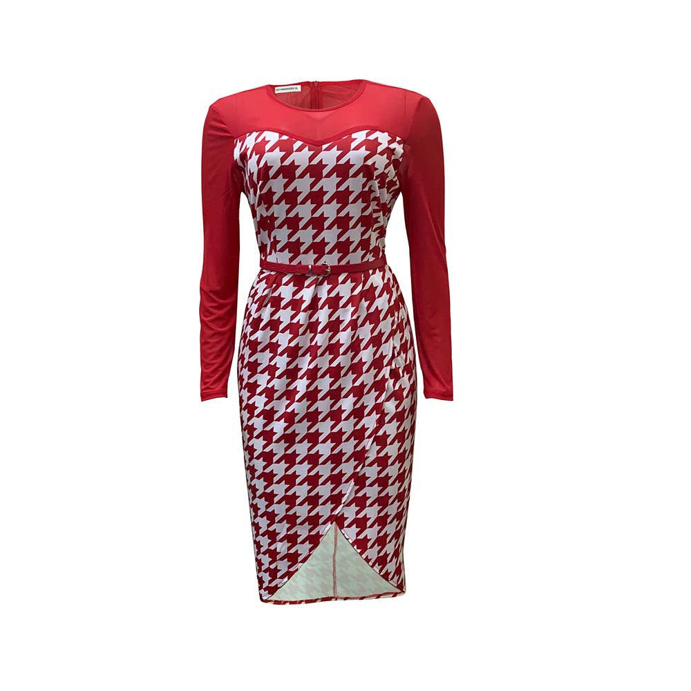 D223: plus size fashionable printed patchwork mesh office dress with belt - european & american style, perfect for cross-border e-commerce