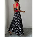 Women's french chic polka dot color block patchwork a-line maxi slip dress - perfect for dates & vacations