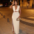 Fashion style early autumn in stockdress milk silk diagonal v neck exposed one shoulder sleeveless long slit dress trendy wholesale