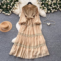 Frenchretro style lacepatchworkdress women's spring long k-style sleeve waist a-line skirt elegant over-the-knee long skirt