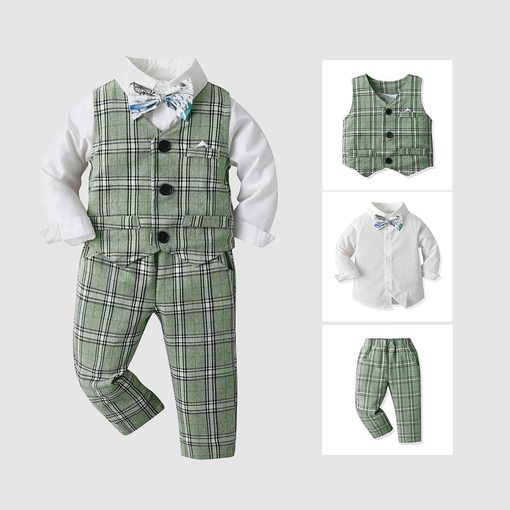 Autumn boys' three-piece outfit: new children's single-breasted long-sleeve shirt, vest, and pants set - baby suit
