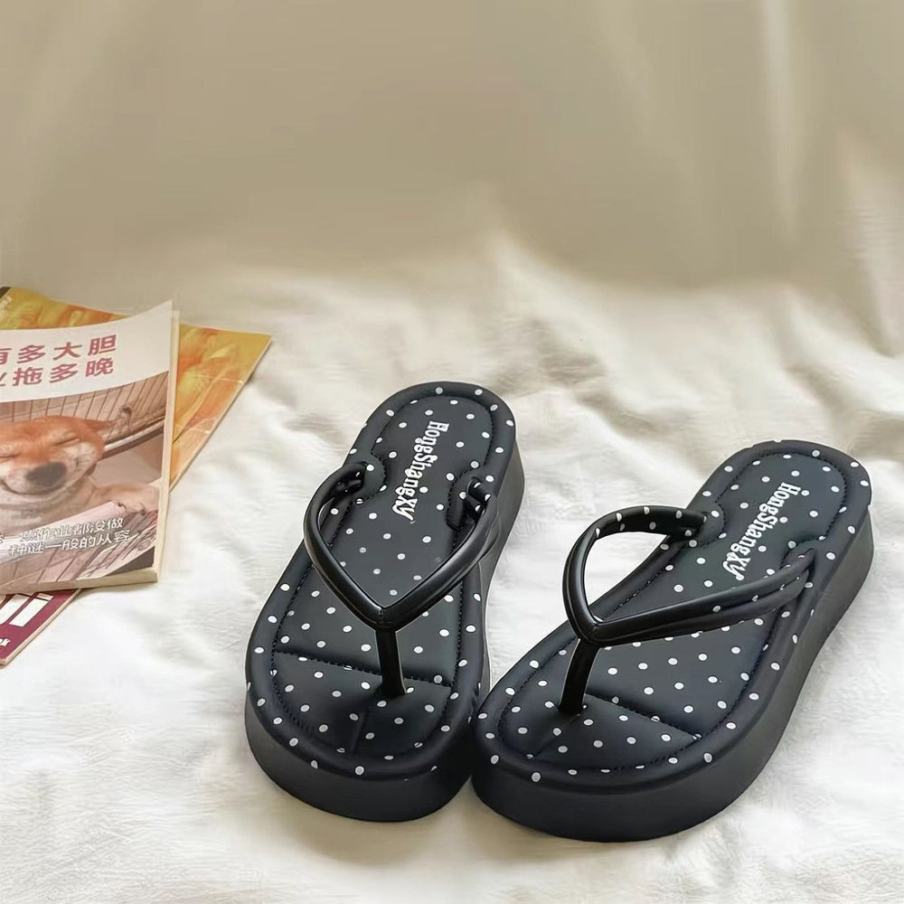Korean retro polka dot platform flip-flops - women's summer outdoor fashion hot style beach thong sandals for vacation