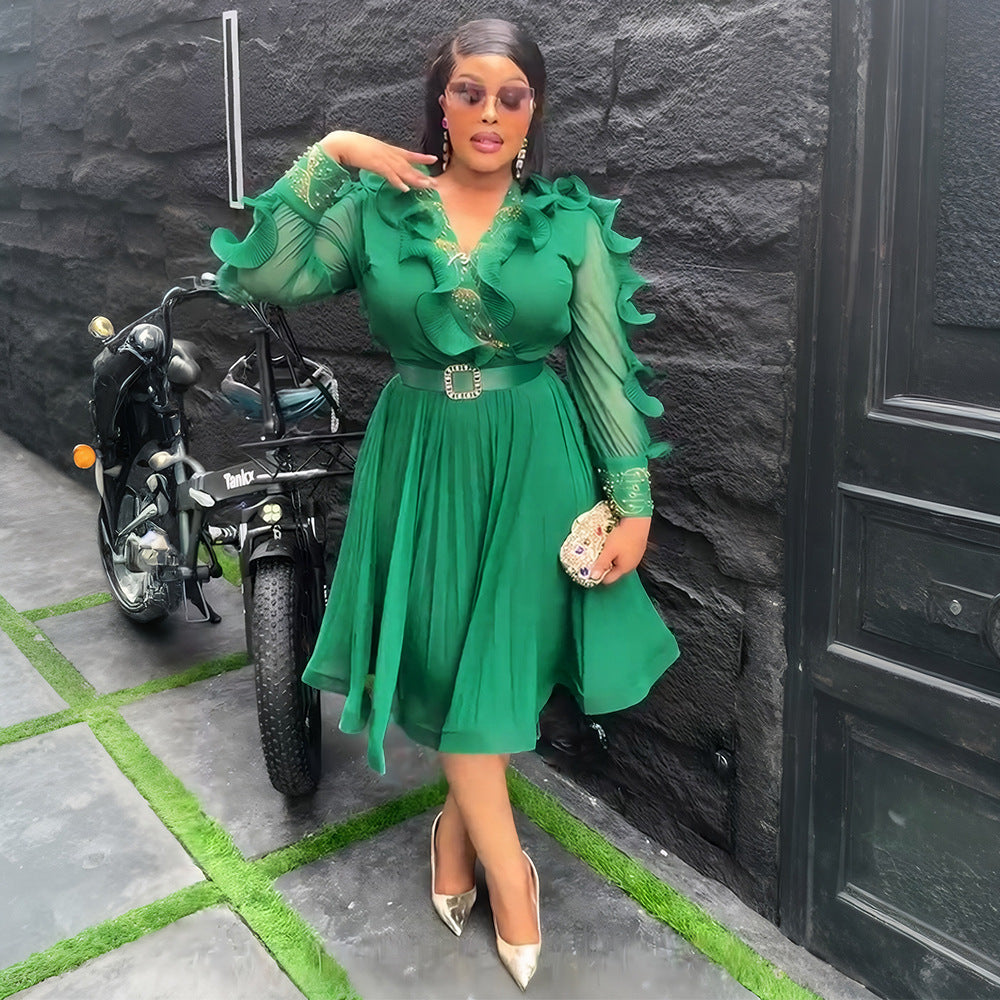 fashion  african women's new arrival wood ear waist slimming lookelegant pleated chiffon plus sizedress