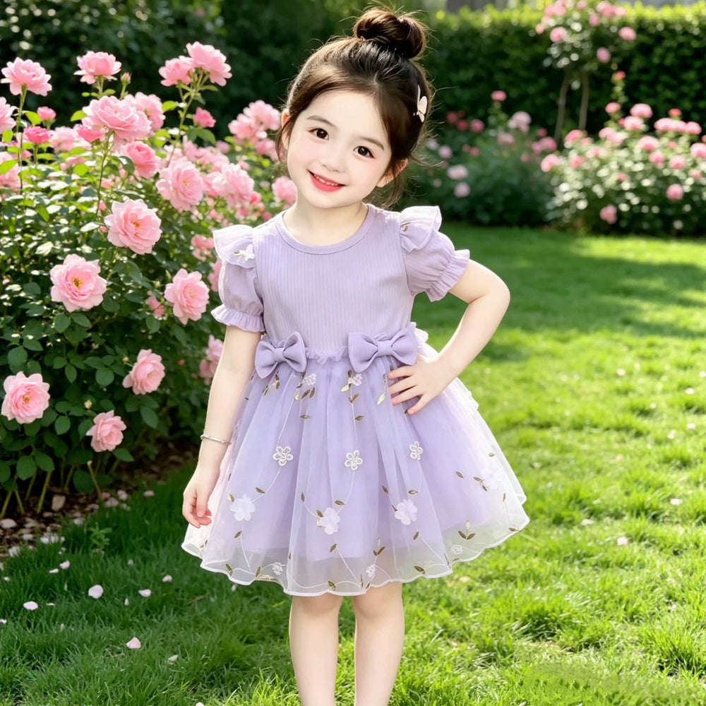summer girls' pink slimming tulle dress - kids' summer fashion short-sleeve princess dress - sweet