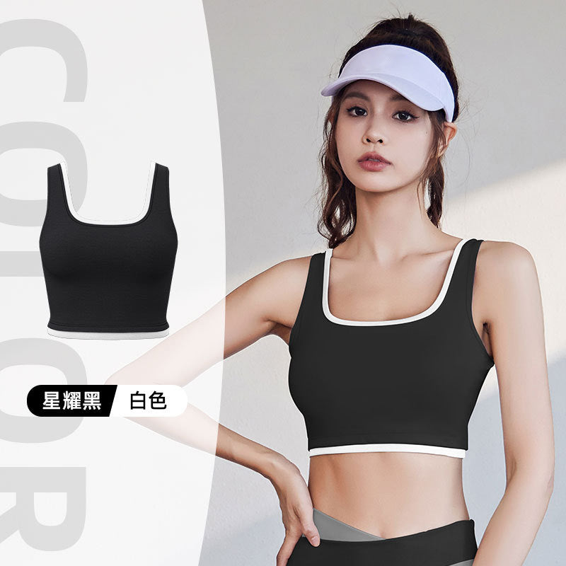 Juyitang high elastic color matching rimmed sports underwear gathers to show breasts and large breasts, shockproof yoga bra