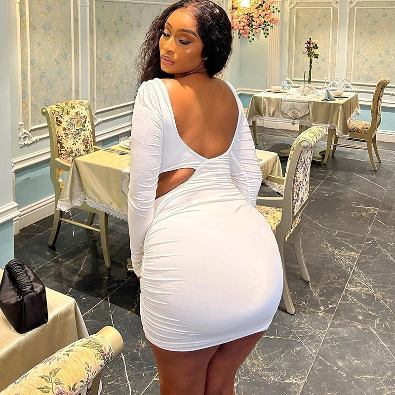 European and american style ins foreign trade women's backless sexy ruched streetwear dress solid color long sleeve v-neck bodycon mini dress