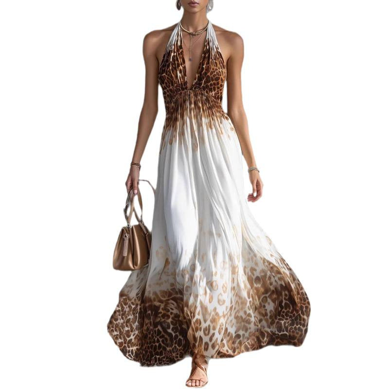 Amazon european style elegant casual leopard print halter sleeveless summer dress - new arrival
