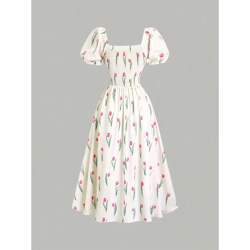 listing: new  women's original elegant square neck puff sleeve printed dress